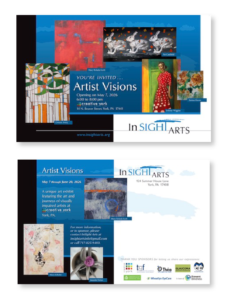 Image of both the front and back of a postcard for the exhibit Artist Visions. Postcard includes images of work and exhibit dates.