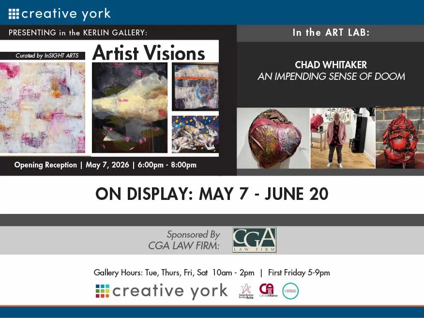 Image with the title Artist Visions and examples of artists work, the bottom includes the Solo installation for Chad Whitaker, Impending Sense of Doom