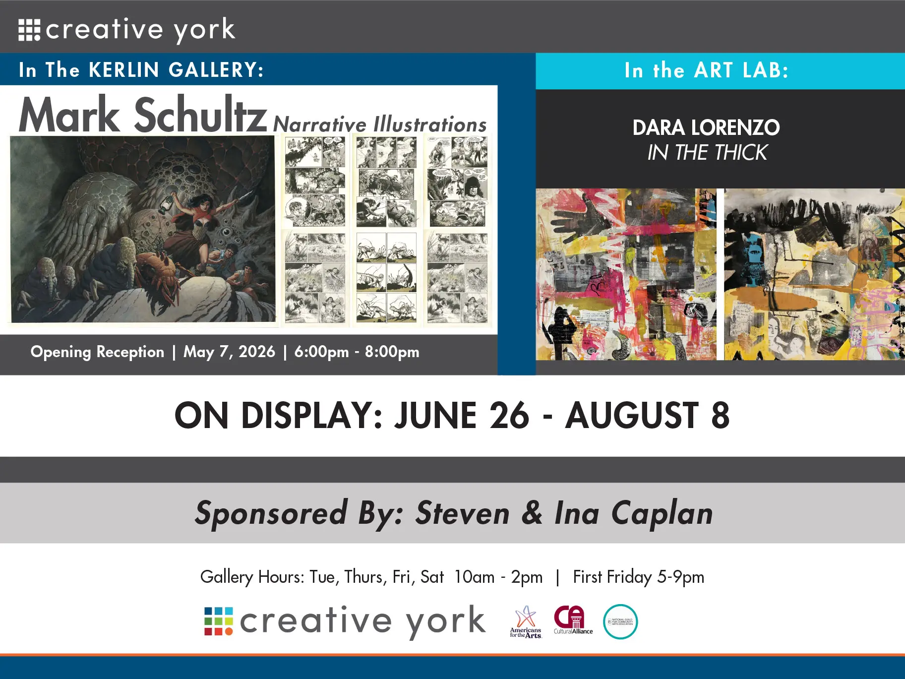 An image of artwork from Mark Schultz, a full color illustration and several black and white cartoon style illustrations next to Dara Lorenzo images