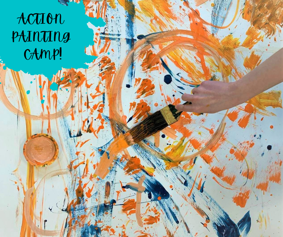 hand holding paintbrush while splattering paint with text 'action painting camp'