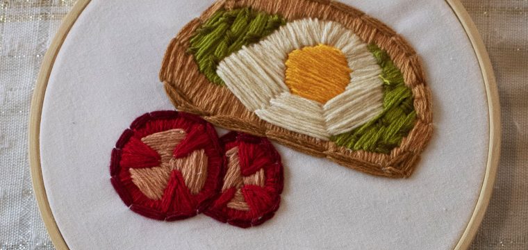 embroidery of avocado toast with egg and tomato