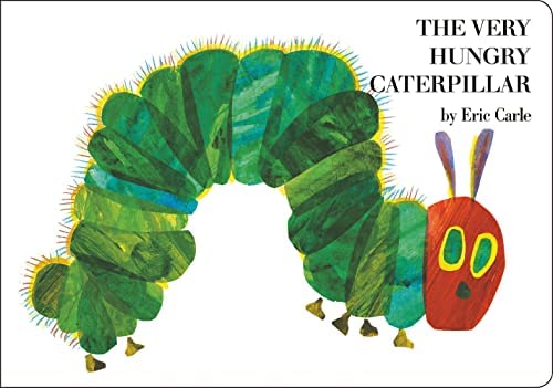 front cover of the very hungry caterpillar book. Green caterpillar with a red face