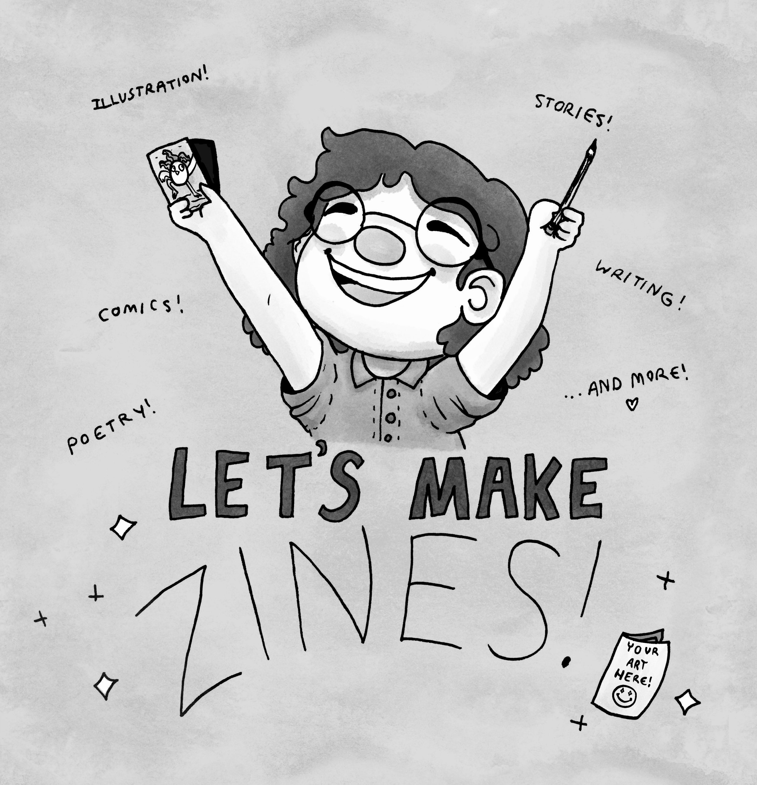 cute illustration of a person excitedly announcing 'let's make zines!'