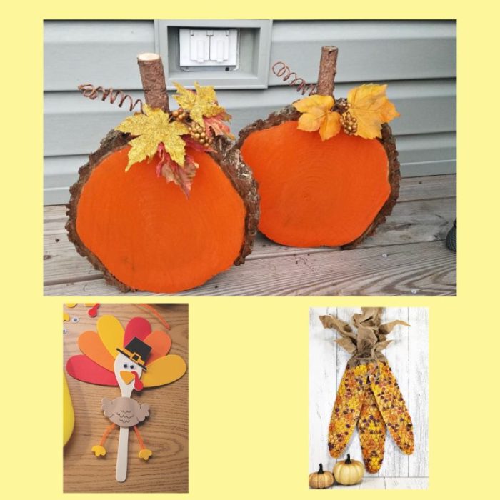 pumpkin craft with a cartoon turkey on a stick and painted harvest corn